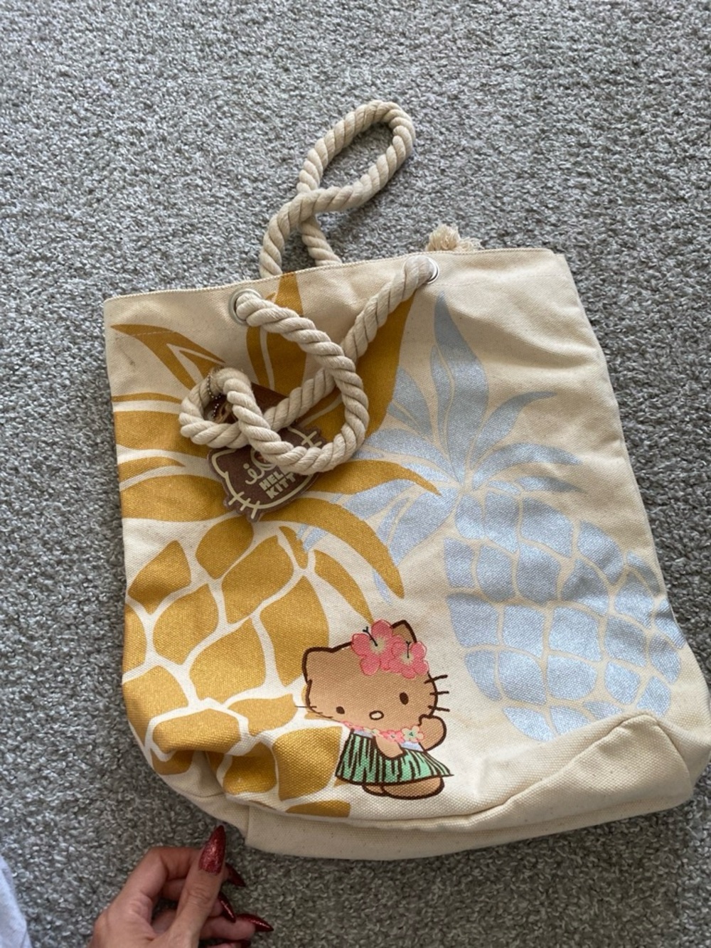 Hello Kitty Pineapple Canvas Tote - Beige with Yellow & Light Blue